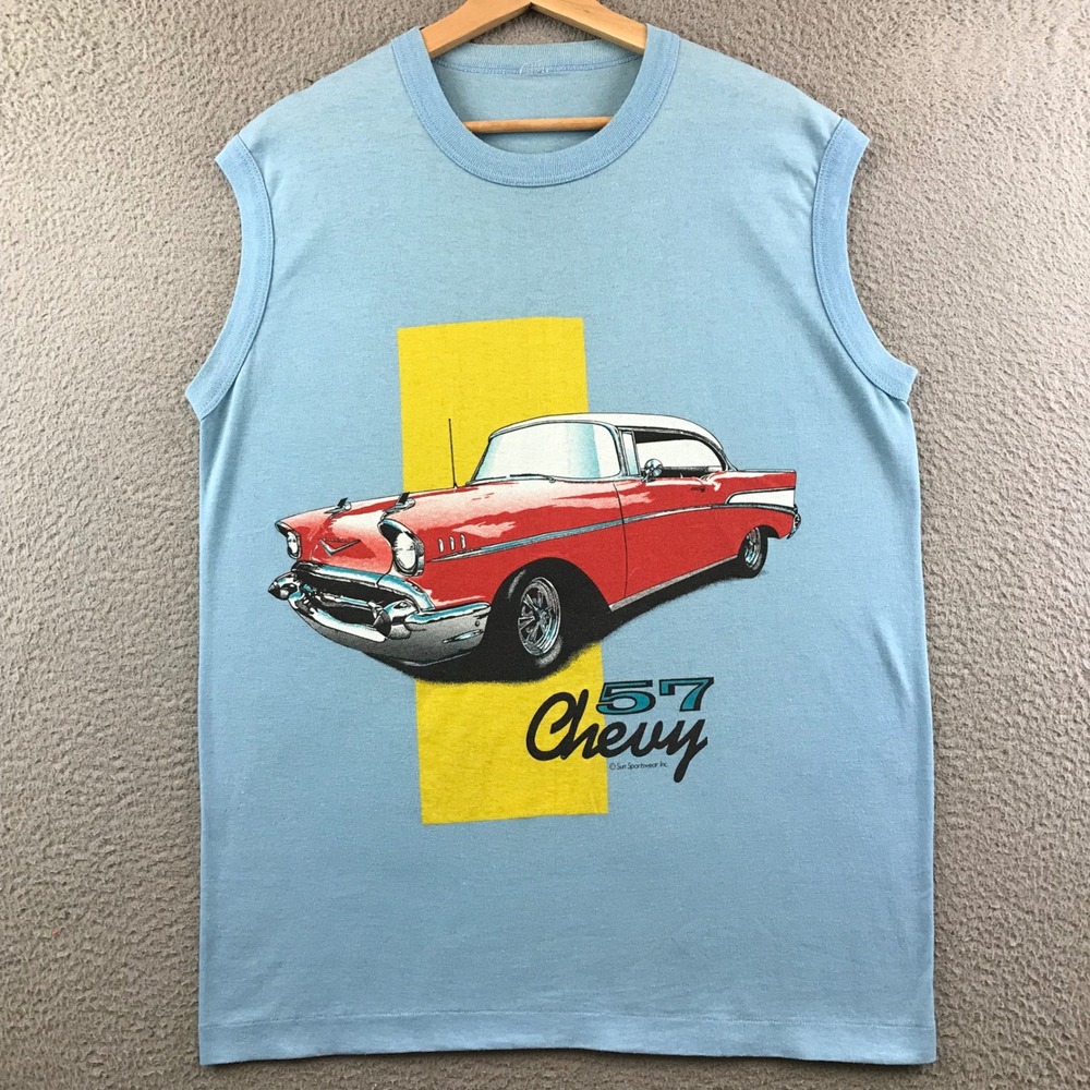 Vintage 80s 57 Chevy Muscle Car Sleeveless T Shirt Sun Sportswear‎ Mens L